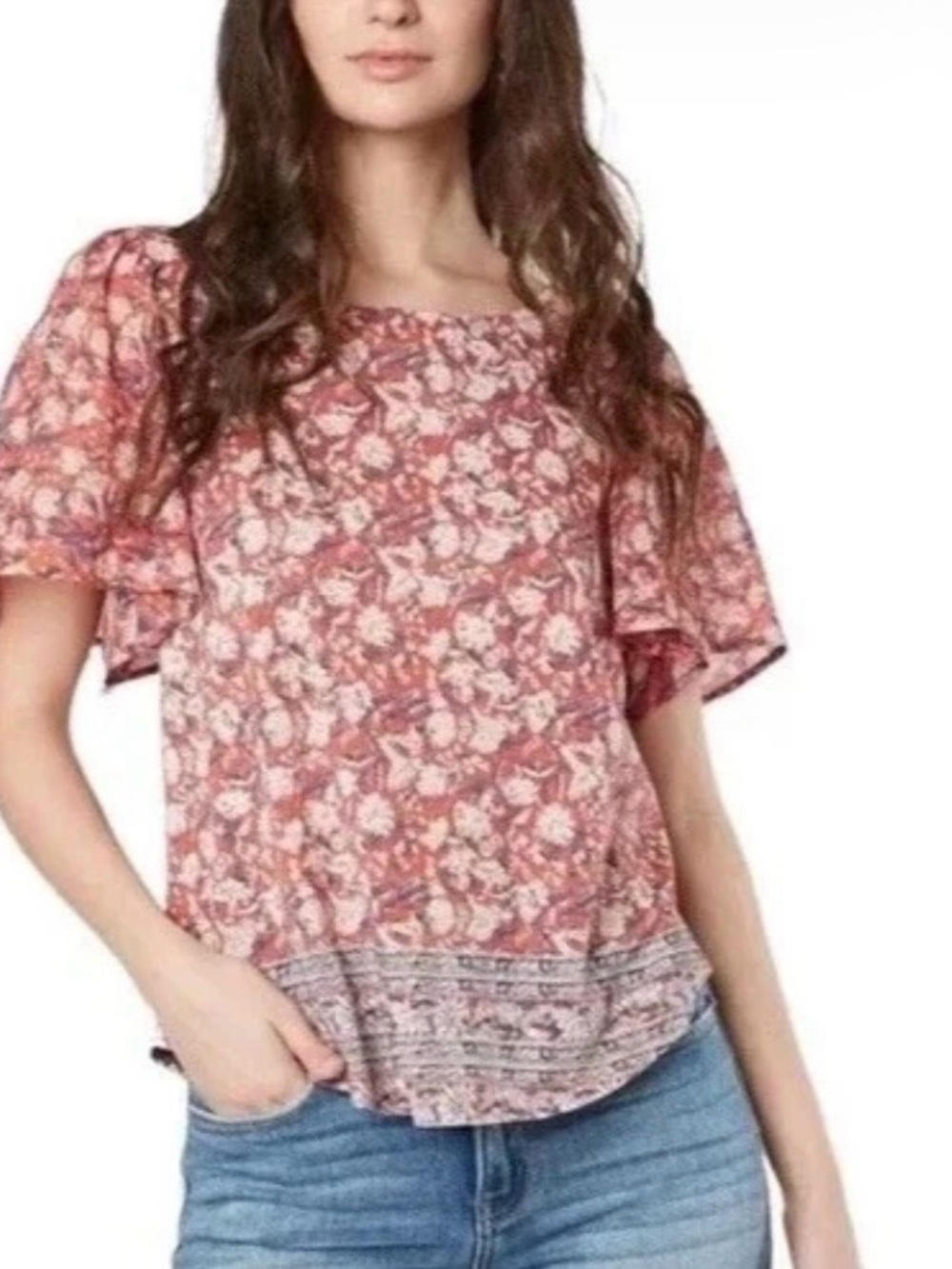Lucky Brand Pink Floral Short-Sleeve Blouse Cotton Blend Size S